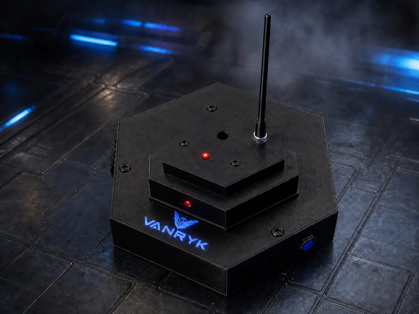 Official Vanryk black PETG base station with antenna, blue logo, screws, and red tower lights