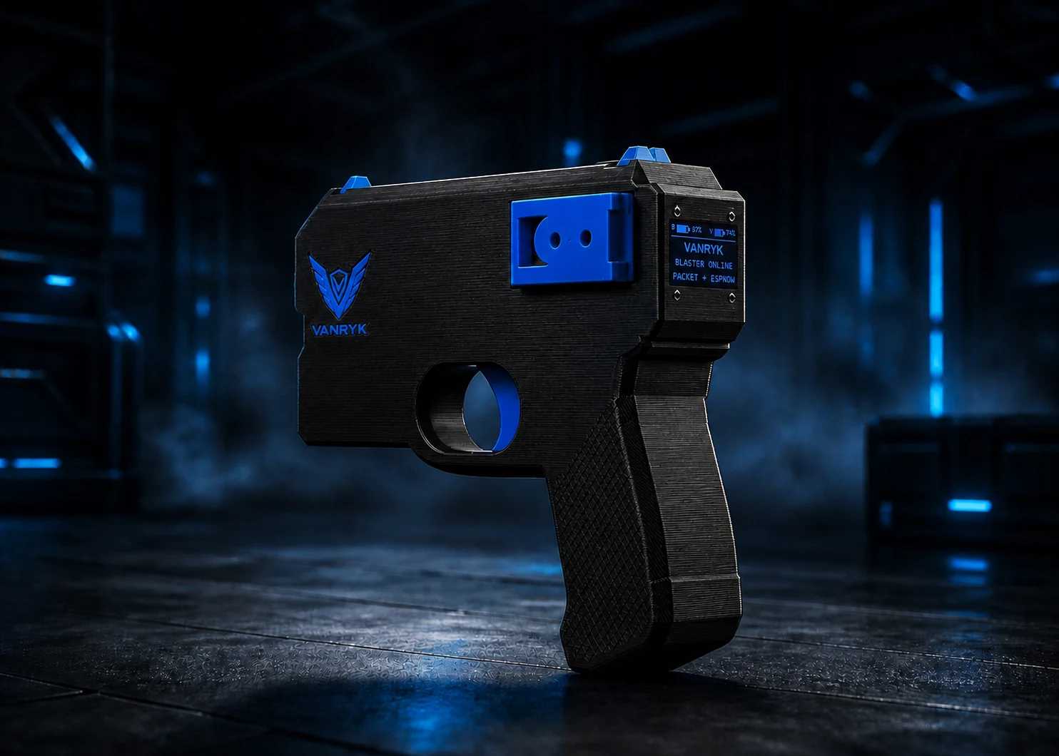 Official Vanryk blaster OLED angle showing the player status and battery display