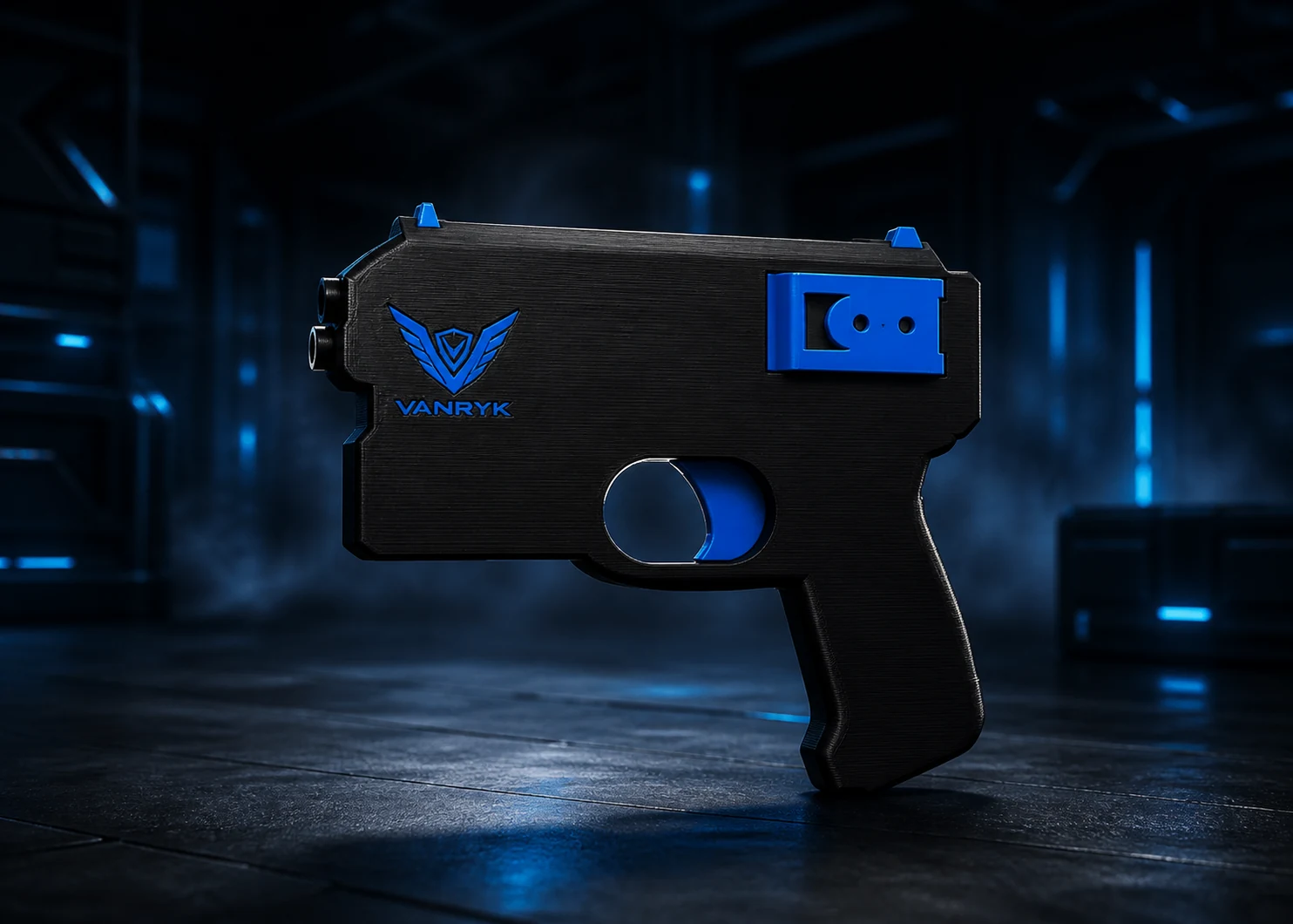 Official Vanryk compact black PETG blaster side view with blue trigger and belt clip