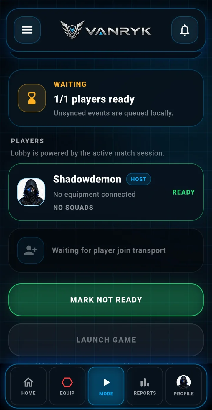 Vanryk app ready lobby screen