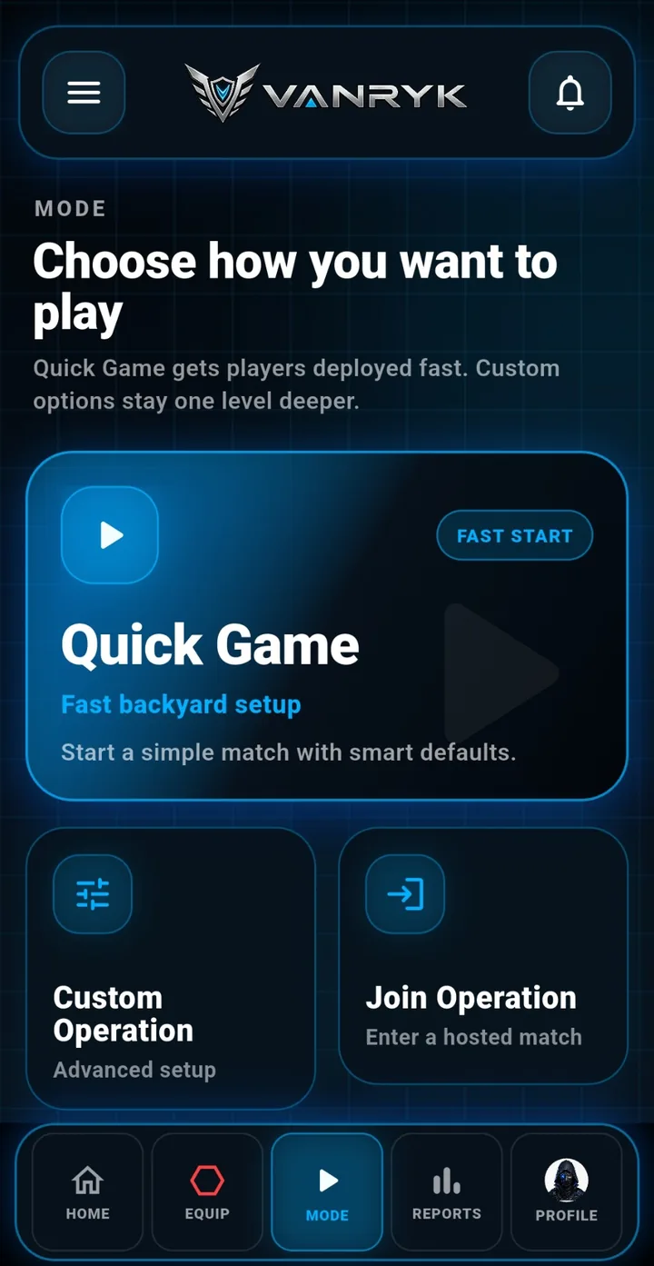 Vanryk app mode selection screen