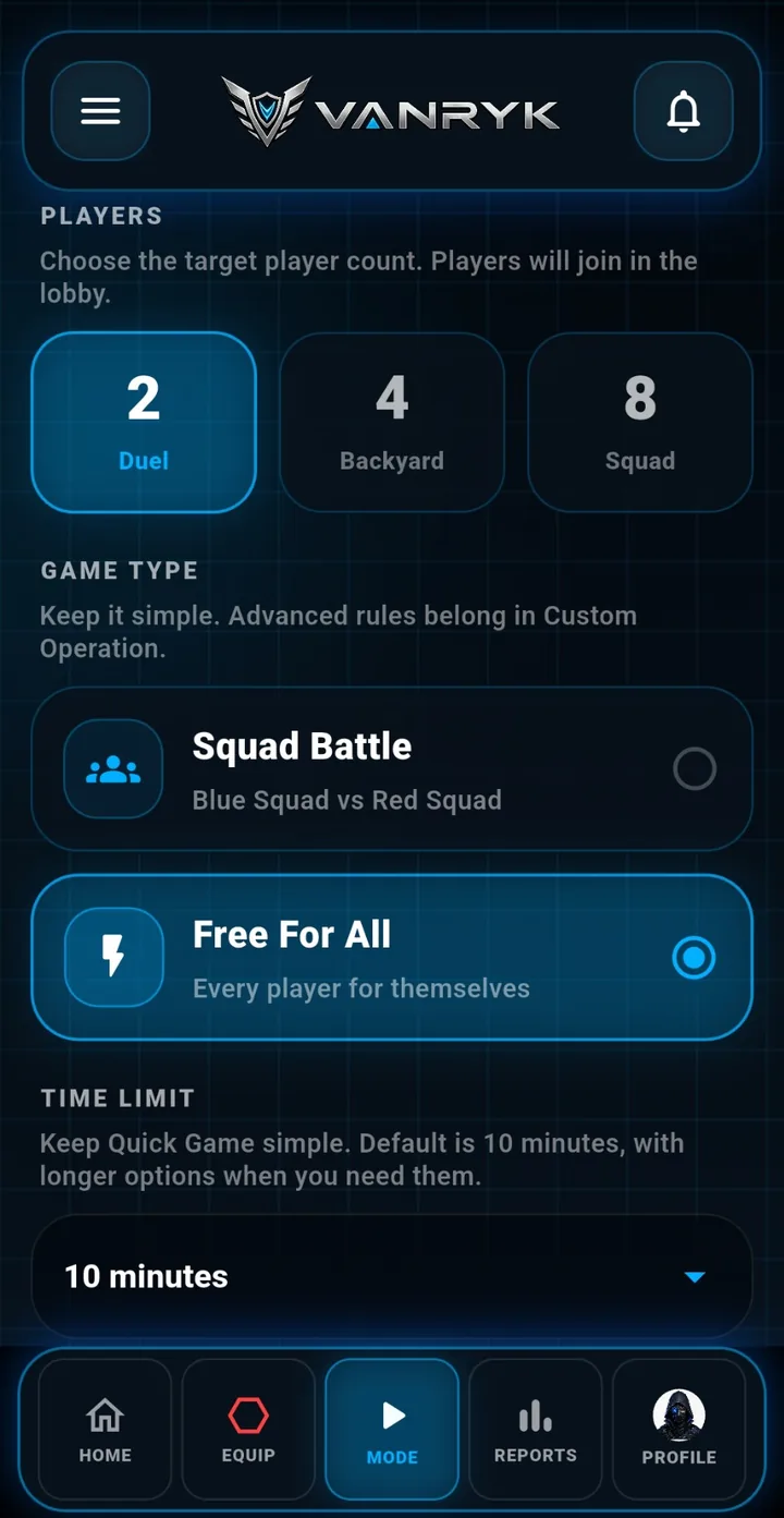 Vanryk app quick game setup screen