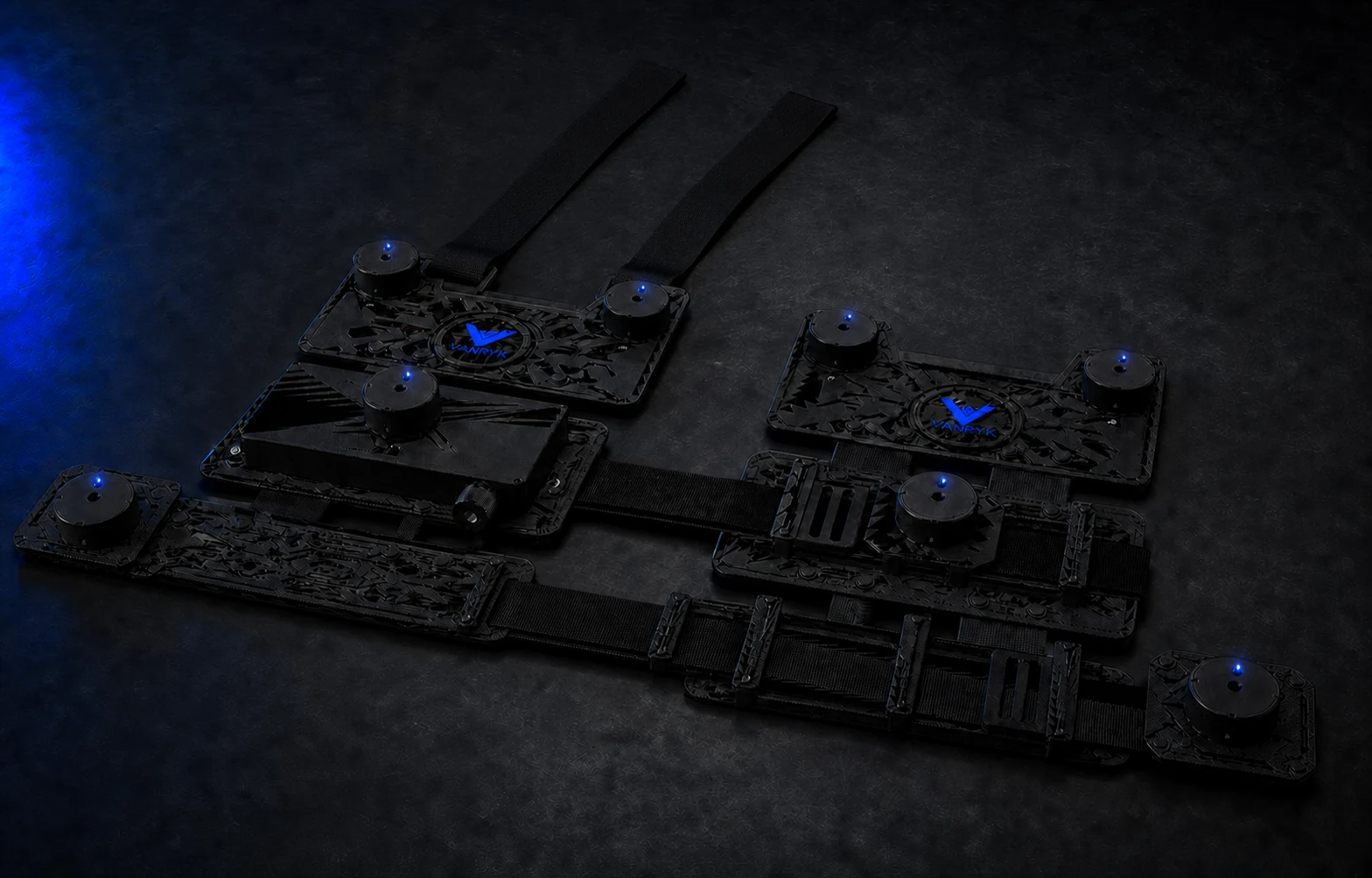 Official Vanryk modular black PETG vest with eight receiver pods and blue top LEDs